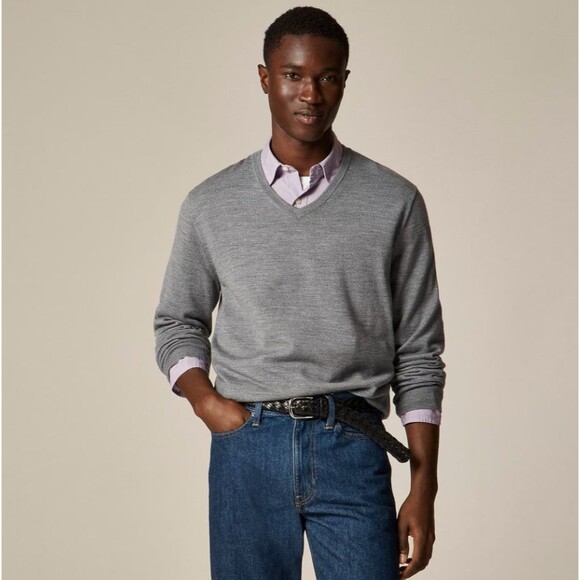J. Crew Medium Merino Wool V-neck Knit Sweater Heather Metal Long Sleeve - Picture 1 of 11
